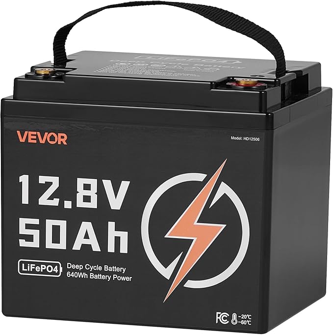 VEVOR 12V 50Ah LiFePO4 Battery, Up to 15000 Cycles, Deep Cycle Lithium Iron Phosphate Battery with Built-in BMS, Low Temperature Protection, 10 Years Lifetime, for Solar Off-Grid Home Energy Storage