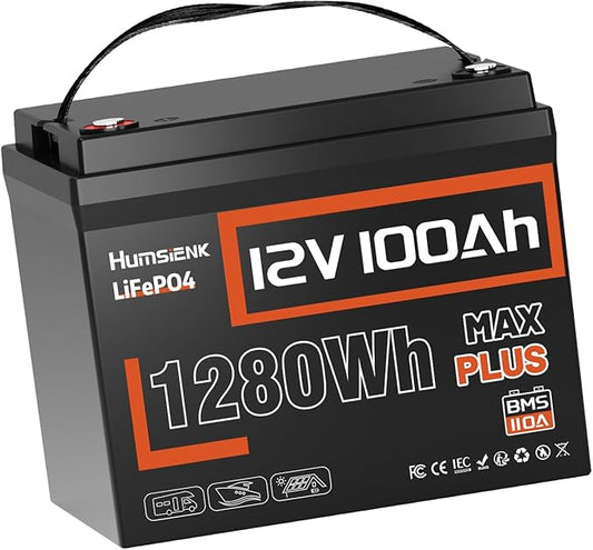 100Ah LiFePO4 Battery 12V Deep Cycle - Built-in 110A BMS with Low-Temp Protection, 15000+ Cycles Rechargeable Lithium Battery for RV Marine Solar Off-Grid/Trolling Motor/Home Backup (MAX PLUS Series)