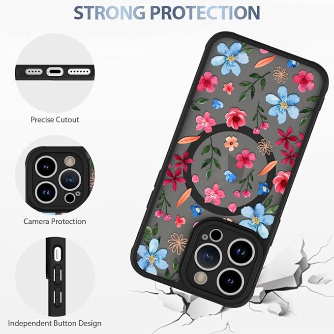 AIGOMARA Magnetic Case for iPhone 14 Pro [Compatible with MagSafe] Cute Pink Blue Flower Floral Pattern Soft TPU Bumper Hard PC Back Anti-Fall Shockproof Protective Slim Cover for Women Girls