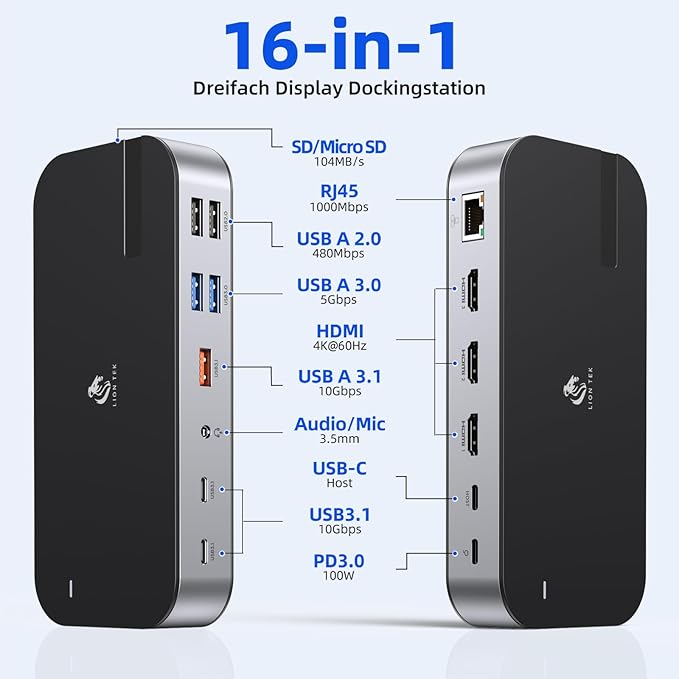 Laptop Docking Station,16 in 1 Docking Station USB C Docking Triple Monitor,USB C Dock Station with 3 HDMI,PD 100W, USB 3.1/3.0/2.0,RJ 45 Ethernet,SD/TF,Audio for Dell/HP/Lenovo