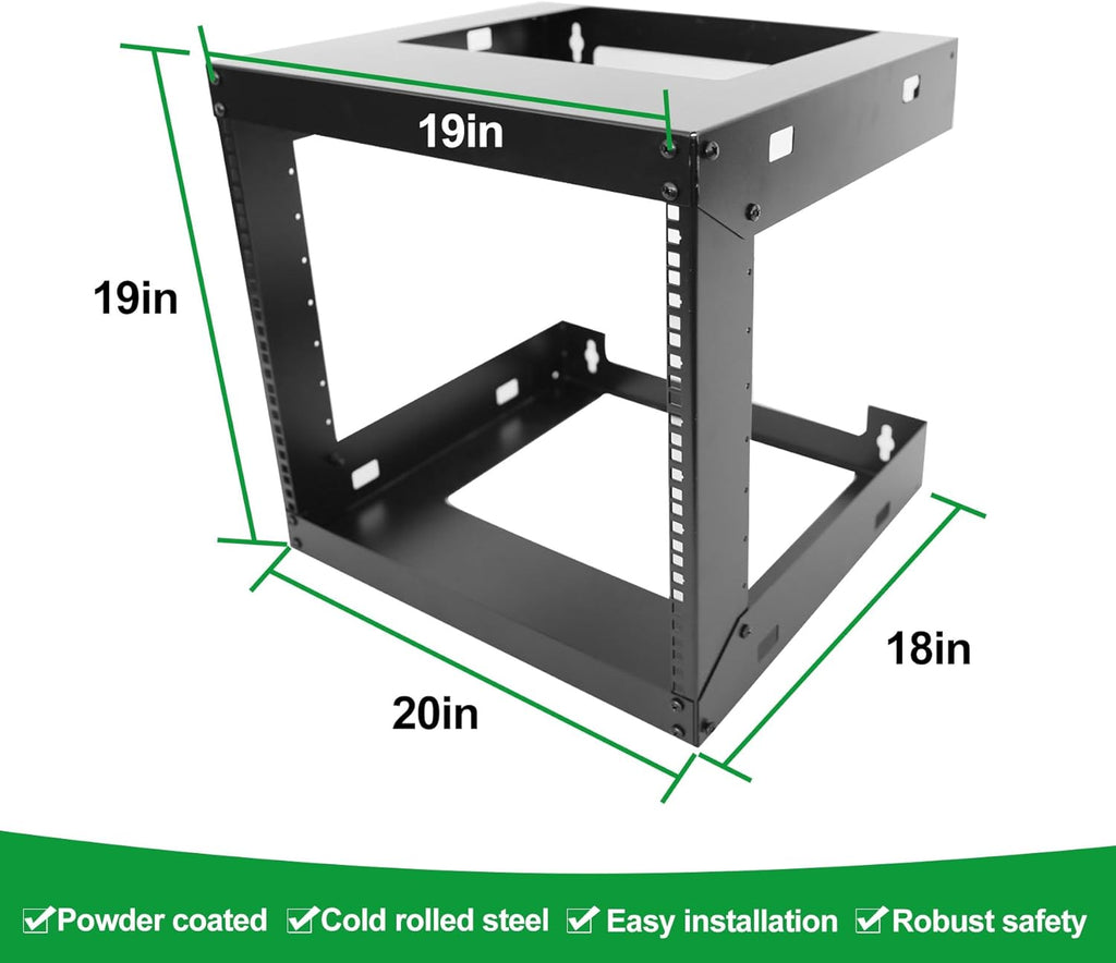9U Wall Mount Open Frame 19 Inch Server Equipment Rack Wall Mountable Heavy Duty Design - Holds All Networking & AV Gear - Open Frame Includes 2 1U 12in Vented Shelves & Mounting screws (WALL RACK 9U)
