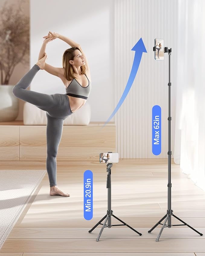 EMART 62’’ Cell Phone Tripod Stand, Adjustable Floor Cellphone Tri Pod Holder with Remote for iPhone and Android, Portable Compact Smartphone Selfie Stick for Video Recording Camera Ring Light Filming