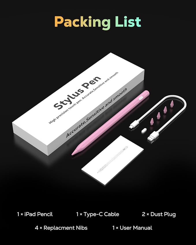 MoKo Pencil for iPad (A16) 11th 10th Gen, Stylus Pen for 2018-2025 Apple iPad 11/10/9/8/7/6/A16, Mini 7/6/5, Air M3/M2 11"/13"/5/4/3, Pro M4 13"/12.9"/11" Tilt Sensitivity, USB-C Fast Charging, Pink