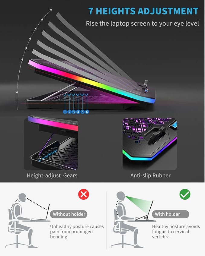 Laptop Cooling Pad, KeiBn RGB Laptop Cooler for 15.6-17.3 Inch Laptops, with 10 Modes Lights | 6 Fans | 7 Height Stands | 2 USB Ports | Desk or Lap Use (A8/Purple)