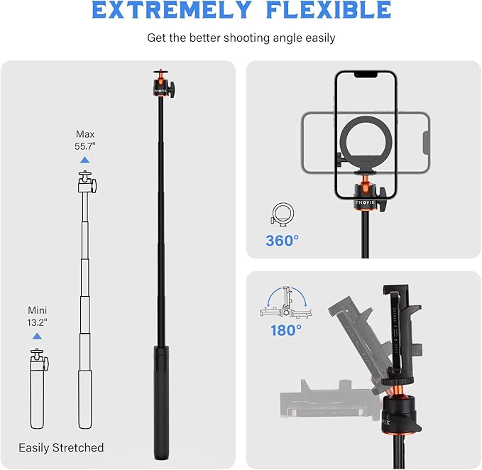 PHOPIK 55" Magnetic Selfie Stick Phone Tripod, Extendable Magnetic Cell Phone Tripod Stand Compatible with iPhone/Android/Sport Camera&Insta 360 x5, Perfect for Video Recording/Selfies/Live Stream