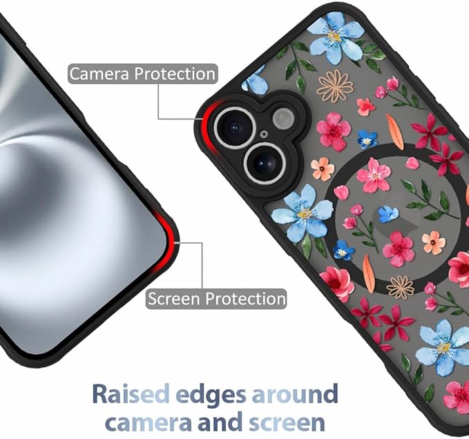 AIGOMARA Magnetic Case for iPhone 16 Plus [Compatible with MagSafe] Cute Pink Blue Flower Floral Pattern Soft TPU Bumper Hard PC Back Anti-Fall Shockproof Protective Slim Cover for Women Girls