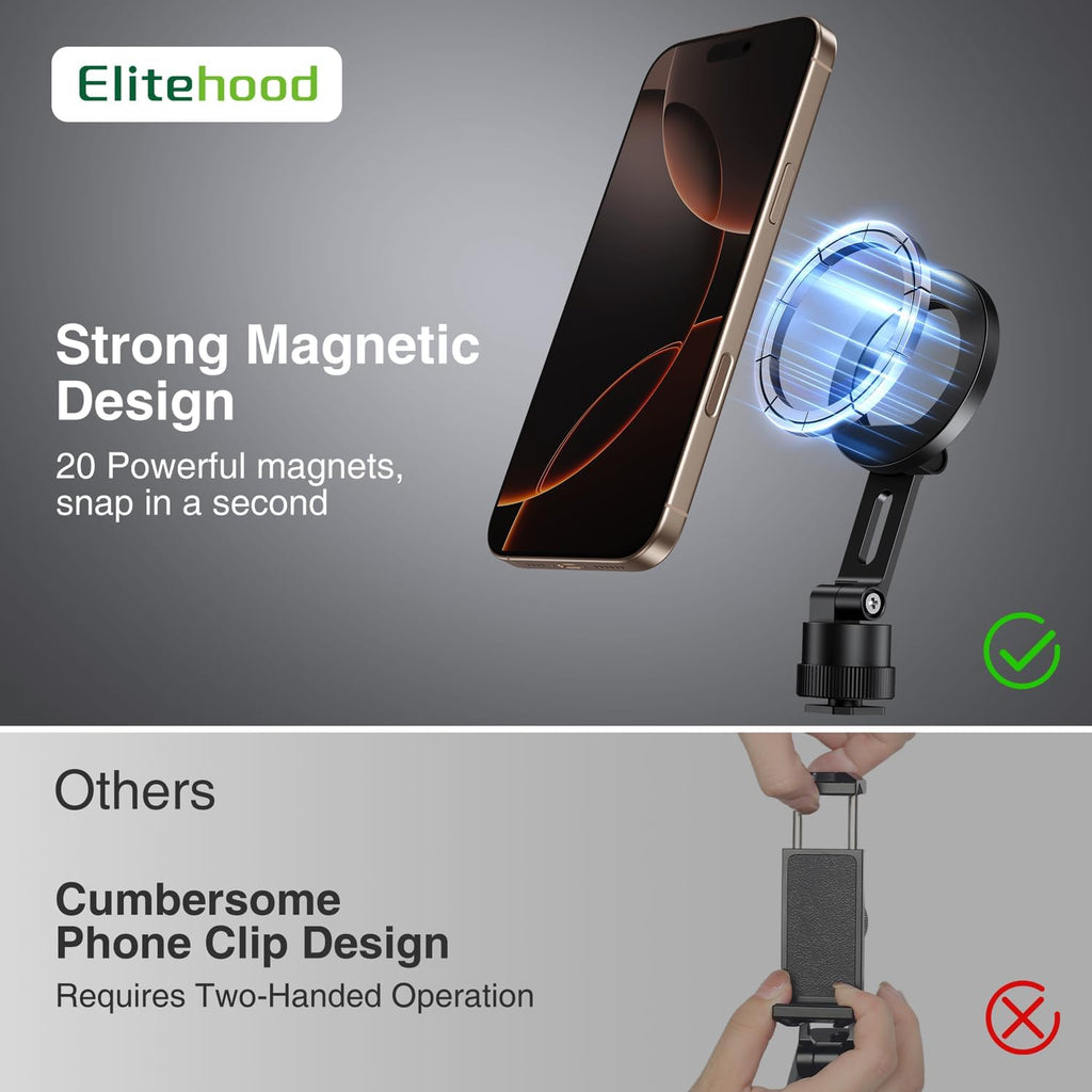 elitehood Magsafe Phone Tripod Mount Adapter with 360° Rotatable Cold Shoe & 1/4” Screw, Magnetic Camera Phone Mount, Aluminum iPhone Holder for Tripod Camera Video Recording Live Streaming Vlogging
