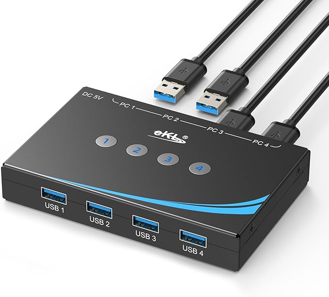 eKL USB 3.0 Switch 4 Computers Share 4 USB 3.0 Ports USB Switcher for PC Laptop Mouse Keyboard Scanner Printer One Button Switch with 3.5mm Headphone Jack and 4 Pack Cables