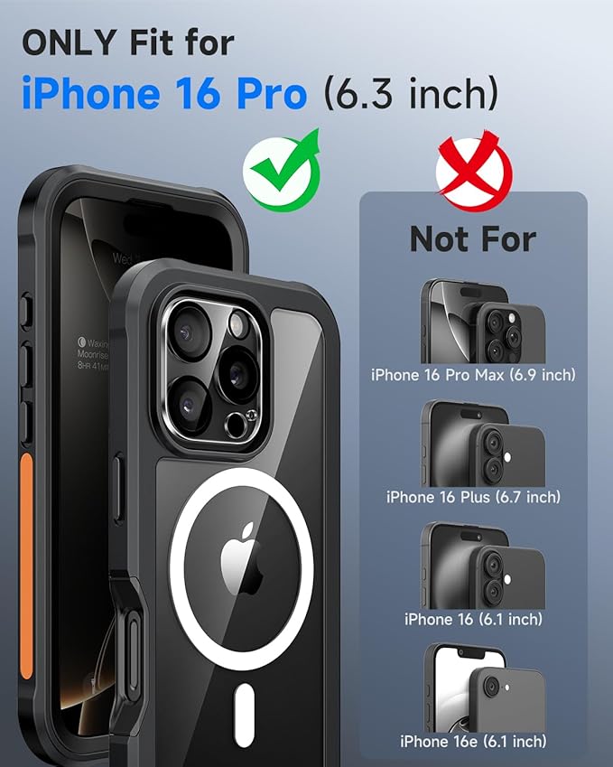 seacosmo for iPhone 16 Pro Case, Full Body Bumper with Built-in 9H Tempered Glass Privacy Screen Protector and Camera Lens Protector, Compatible with MagSafe, Shockproof Phone Cover, 6.3", Black