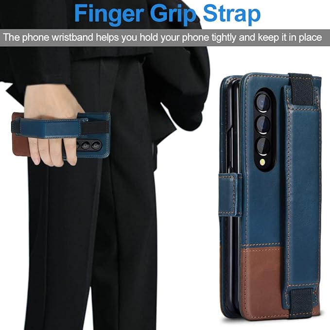 KEZiHOME for Galaxy Z Fold 4 5G Case, Genuine Leather Wallet Case with Card Holder [RFID Blocking] Kickstand Magnetic Book Flip Case Compatible with Samsung Galaxy Z Fold 4 2022 (Royal Blue/Brown)