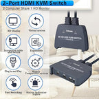 HDMI KVM Switch 1 Monitor 2 Computers,4K@60Hz KVM Switcher with 2 HDMI Cable and USB Ports for 2 Computers Share Keyboard Mouse Printer, Include Desktop Controller