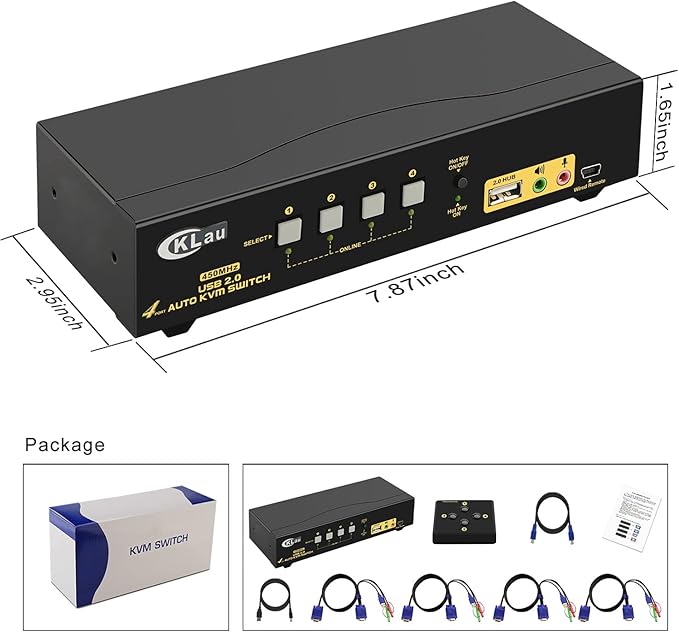 CKLau 4 Port 450MHz USB Auto VGA KVM Switch with Audio and Cables, Monitor Switch for Multiple Computers Support Windows, Linux, Mac, Debian, Ubuntu, Fedora, Raspbian, Ubuntu