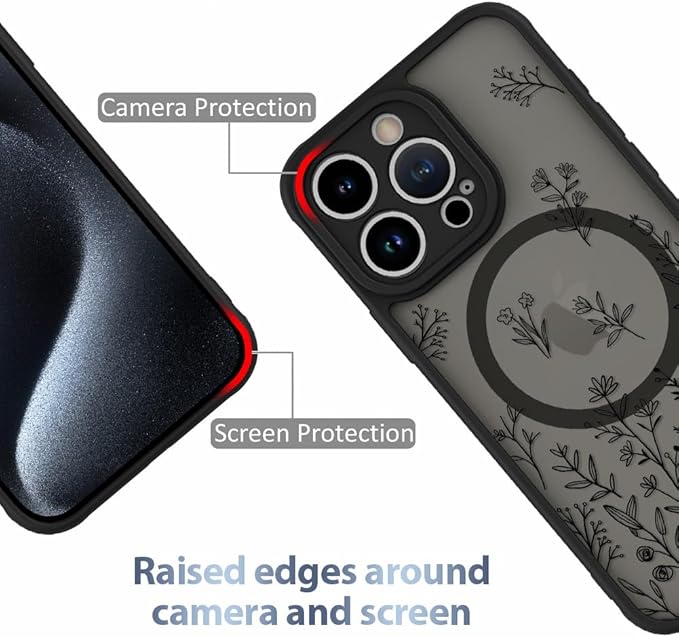 AIGOMARA Magnetic Case for iPhone 15 Pro [Compatible with MagSafe] Cute Black Flower Floral for Women Girls Soft TPU Bumper Hard PC Back Anti-Fall Shockproof Protective Slim Cover