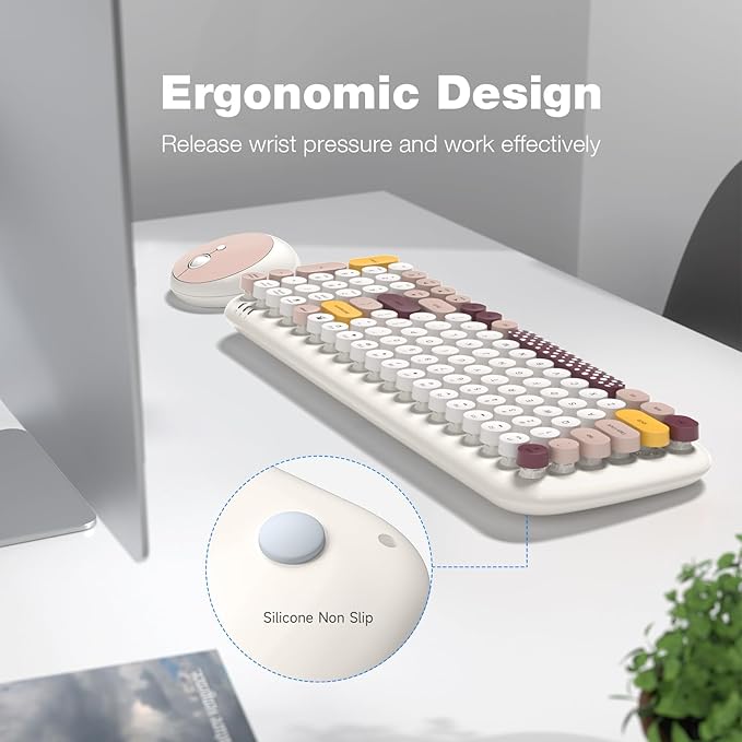 KNOWSQT Wireless Keyboard and Mouse Combo, Light Beige 100 Keys 2.4 GHz Round Keycap Typewriter Keyboards, USB Receiver Plug and Play, for Windows, PC, Laptop, Computer, Desktop