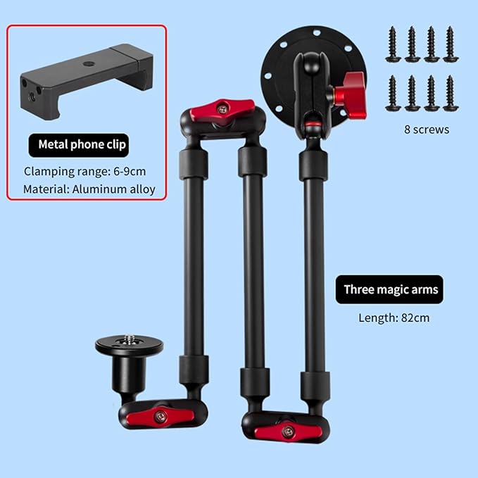 Super Upgraded Magic Arm with LED, 82cm Length, Phone Wall Mount Holder Bracket, Desk Mount, Phone Clip and Camera Clamp（Metal Base +82cm arms+Metal Clip