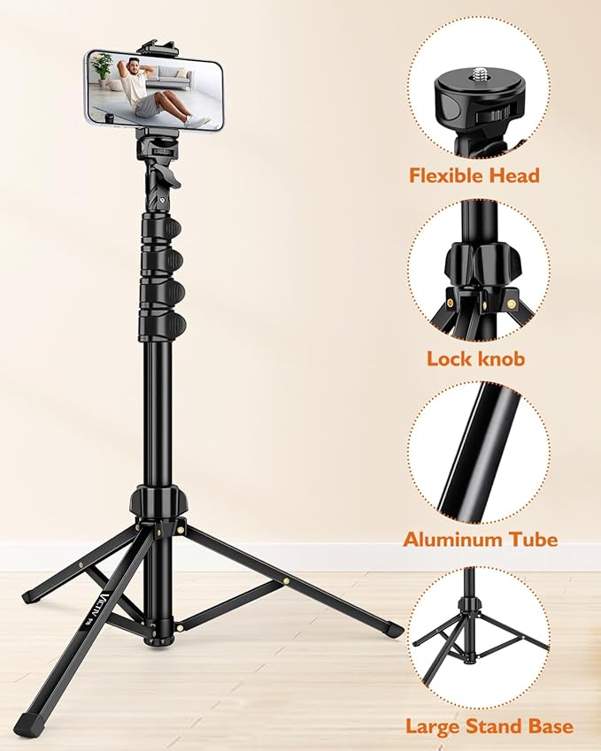 Phone Tripod, 85" Tall Tripod for iPhone with Gooseneck and Remote, Overhead Phone Stand for Recording Watching Cooking Fitness Vlog, Compatible with iPhone Android, Black