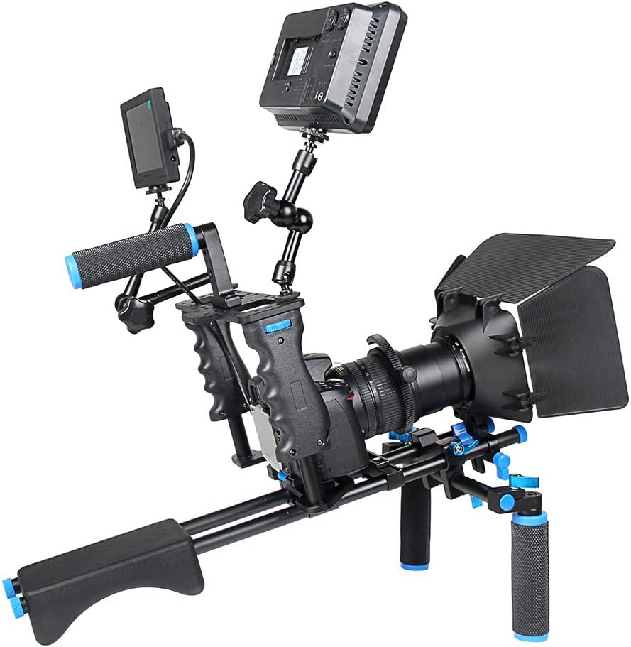 Shoulder Rig Stabilizer Kit, Aluminum Alloy Camera Stabilizer Cage with Top Handle Follow Focus Rods Shoulder Rig 1/4 3/8 Screw