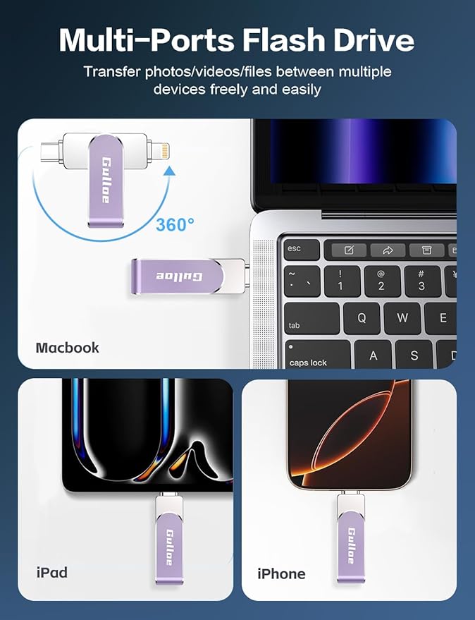 Gulloe 256GB Flash Drive Intended for iPhone, Memory Stick Storage for Photos and Videos Backup, Compatible with iPhone iPad Android PC, Plug and Play, No Application Required (Purple)