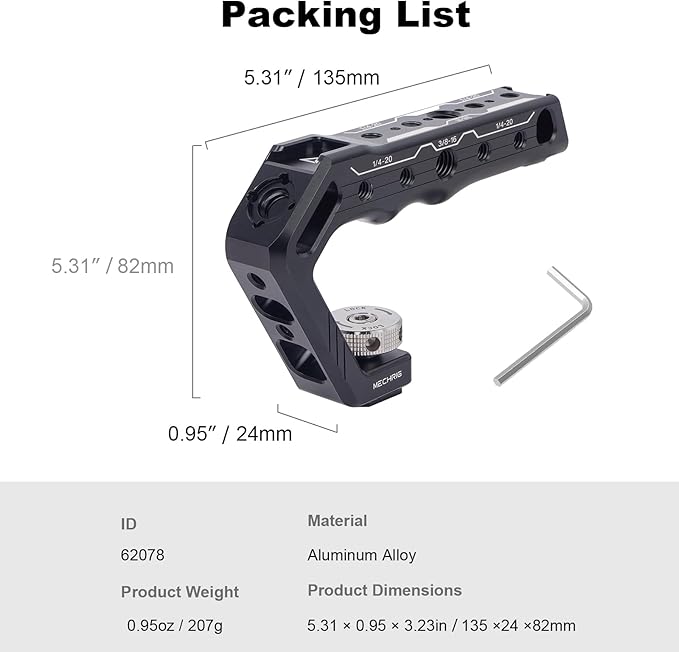 Cold Shoe Camera Handle Grip with ARRI Pin & Triple Threads - CNC Aluminum Top Handle for DSLR/Camera Cage/Monitor/Microphone (15kg Load) 62078