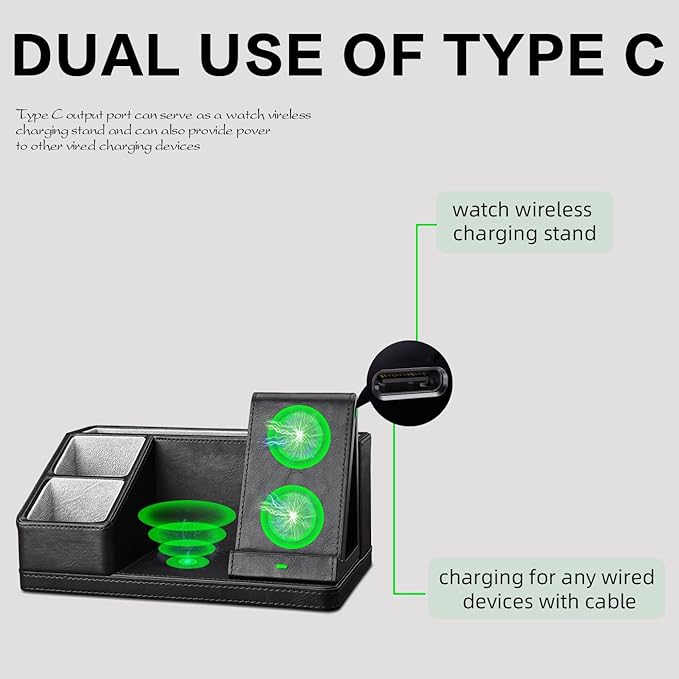 Black Leather Desk Organizer With Charging Station,Office Supplies Desk Accessories,Pen Holder for Desk,Remote Control Holder,Desk Organizer With Phone Charger,Nightstand Desktop Organizer