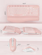 SABLUTE Ergonomic Wireless Keyboard and Mouse Combo - Wave Keyboard with Soft Leather Wrist Rest, Resistant Keys, RGB Backlit Rechargeable Set for PC/Mac/Chromebook (Pink)