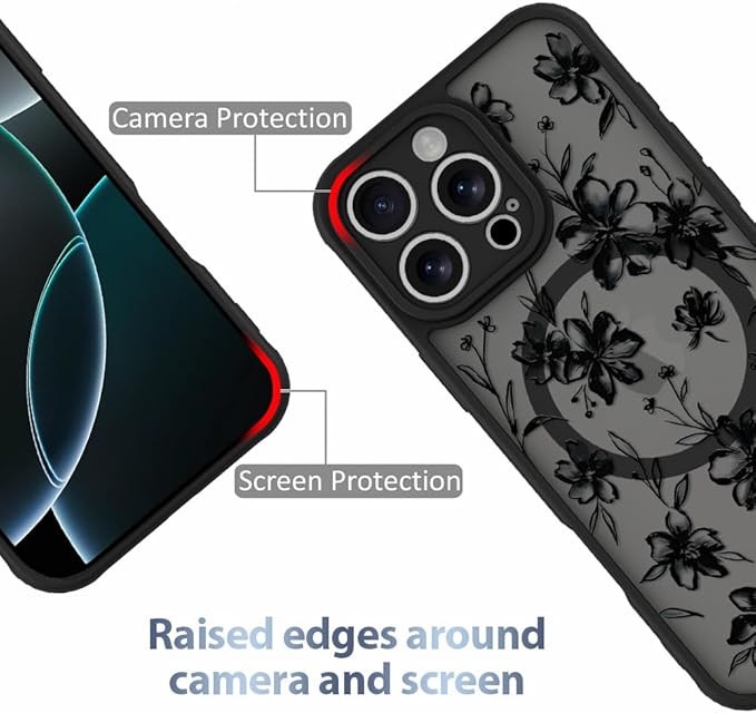 AIGOMARA Case for iPhone 16 Pro [Compatible with MagSafe] Ink Flower Floral Pattern Design for Women Girls Soft TPU Bumper Hard PC Back Anti-Fall Shockproof Protective Slim Magnetic Cover
