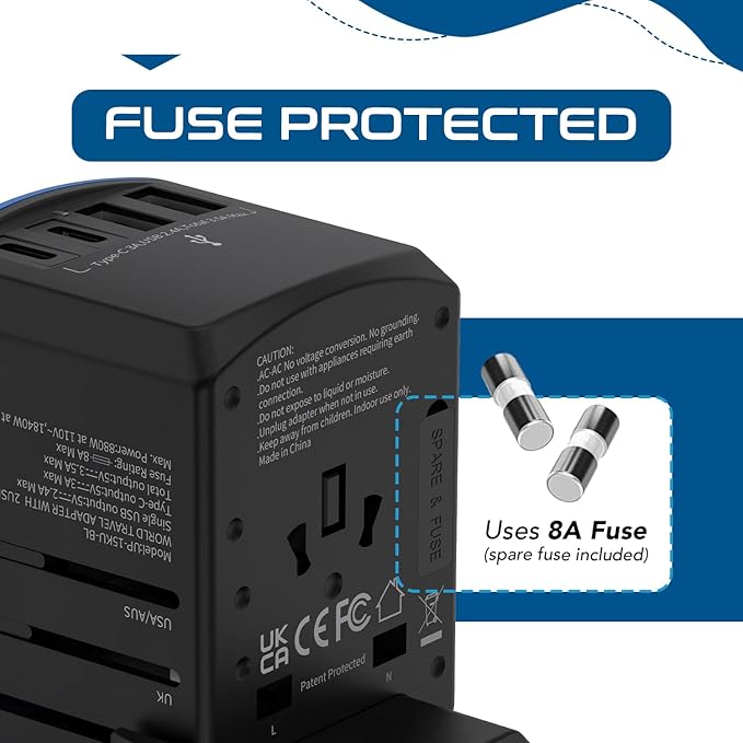 Ceptics Universal Travel Adapter, 5 in 1 Universal Laptop Charger with 2X USB-A & USB-C 3.5A for Mobiles, Laptops, Cameras US, UK, EU, AU, All in 1 Type A, C, G, I Output,