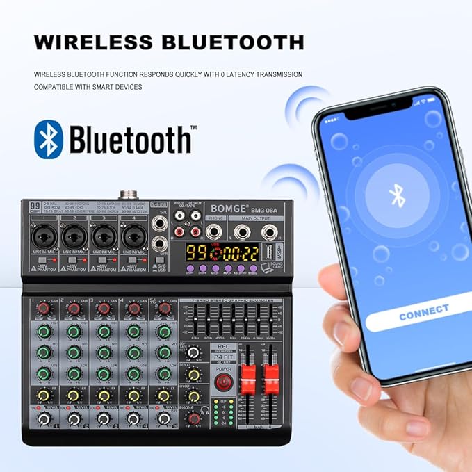 BOMGE 06A Professional 6 Channel DJ Audio Mixer, DJ Controller Sound Mixer with 99 DSP Effects,7-band EQ Independent 48V Bluetooth USB Interface Recording for Studio Stage Party Home Recording