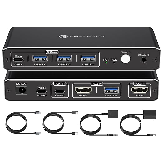 KVM Switch 1 Monitors 2 Computers 4K@60Hz USB C HDMI KVM Switch 2 Port for 1 Laptop 1 Desktop Share 1 Monitor Keyboard Mouse Hard Drives Printer Support 100W Charging for Laptop