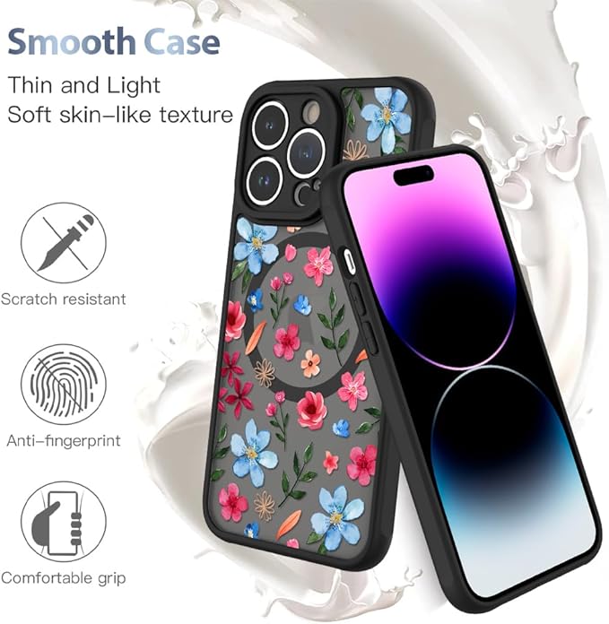 AIGOMARA Magnetic Case for iPhone 14 Pro [Compatible with MagSafe] Cute Pink Blue Flower Floral Pattern Soft TPU Bumper Hard PC Back Anti-Fall Shockproof Protective Slim Cover for Women Girls
