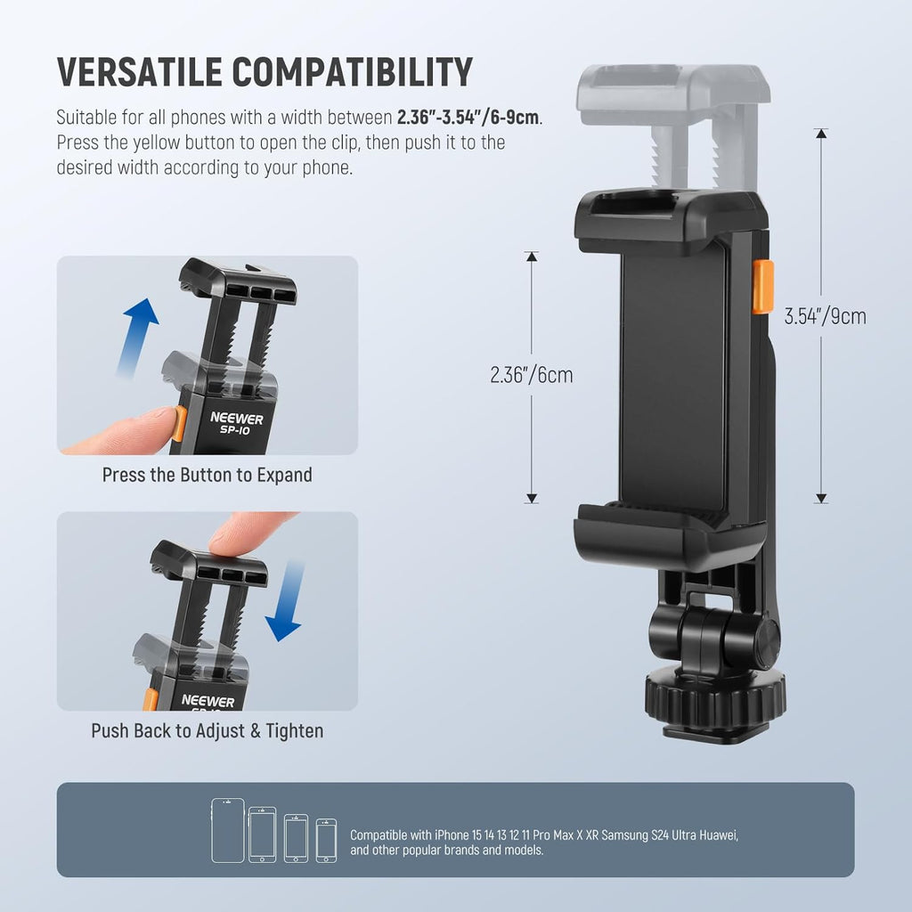 Neewer Basic Phone Tripod Mount Holder with 1/4" Thread & Cold Shoe, 2.36"-3.54"/6-9cm 360° Rotatable Camera Mount Cellphone Clamp for iPhone 15 14 13 12 11 Pro Max X XR Samsung S24 Ultra, SP-10