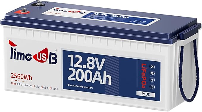 12V 200Ah Plus LiFePO4 Battery, Timeusb Lithium Battery with 200A BMS, Max. 2560W Power, 4000-15000 Deep Cycles, 10-Year Lifetime, Perfect for RV, Camping, Marine, Solar Off Grid, Backup System