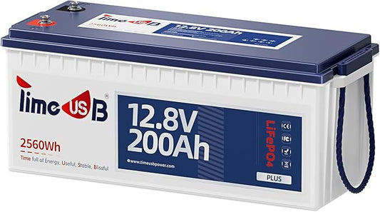 12V 200Ah Plus LiFePO4 Battery, Timeusb Lithium Battery with 200A BMS, Max. 2560W Power, 4000-15000 Deep Cycles, 10-Year Lifetime, Perfect for RV, Camping, Marine, Solar Off Grid, Backup System