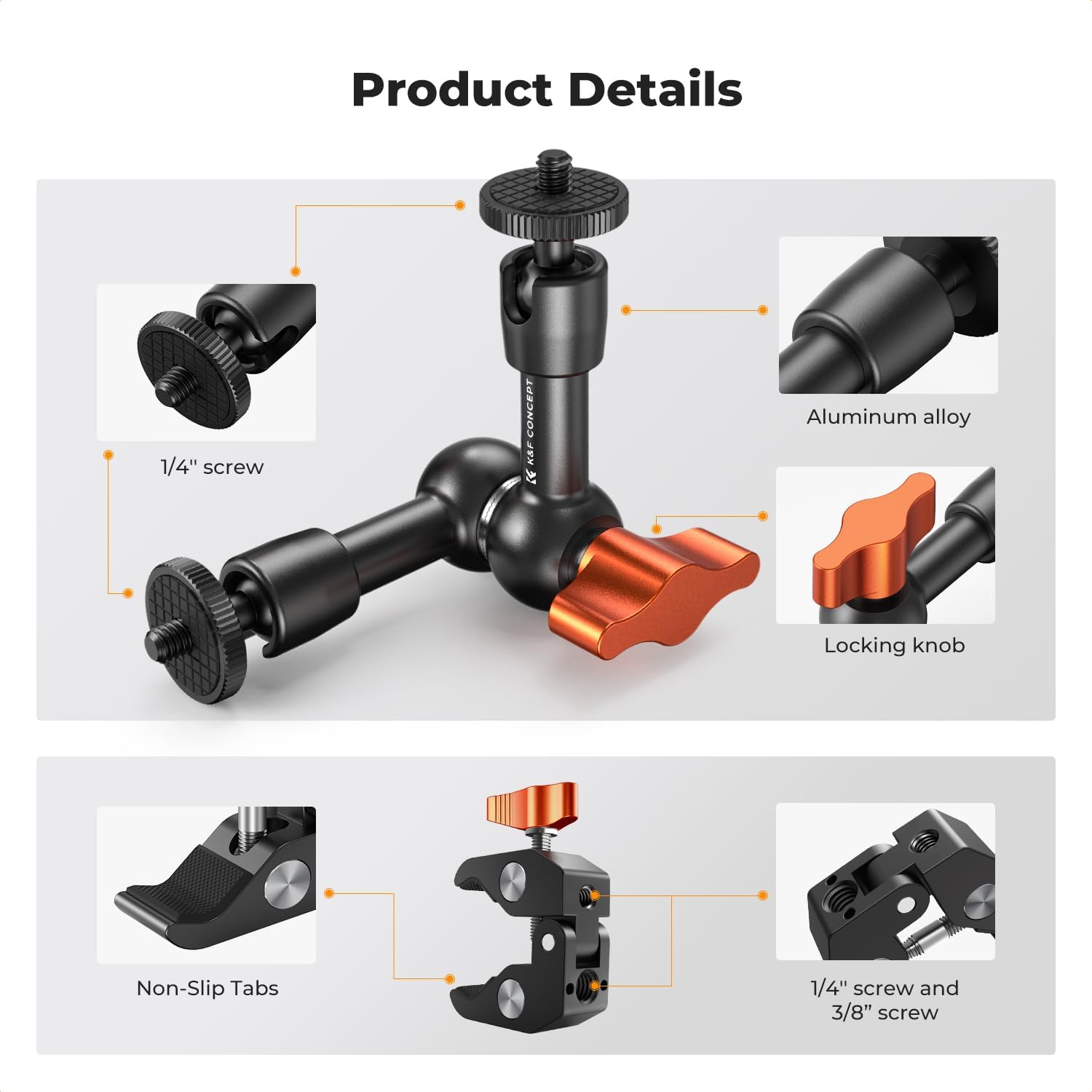 K&F Concept 6" Magic Arm Clamp Kit with 1/4" & 3/8" Thread Screw, Articulating Friction Arm with Camera Clamp Mount for Monitor, LED Light, Webcam, Action Camera