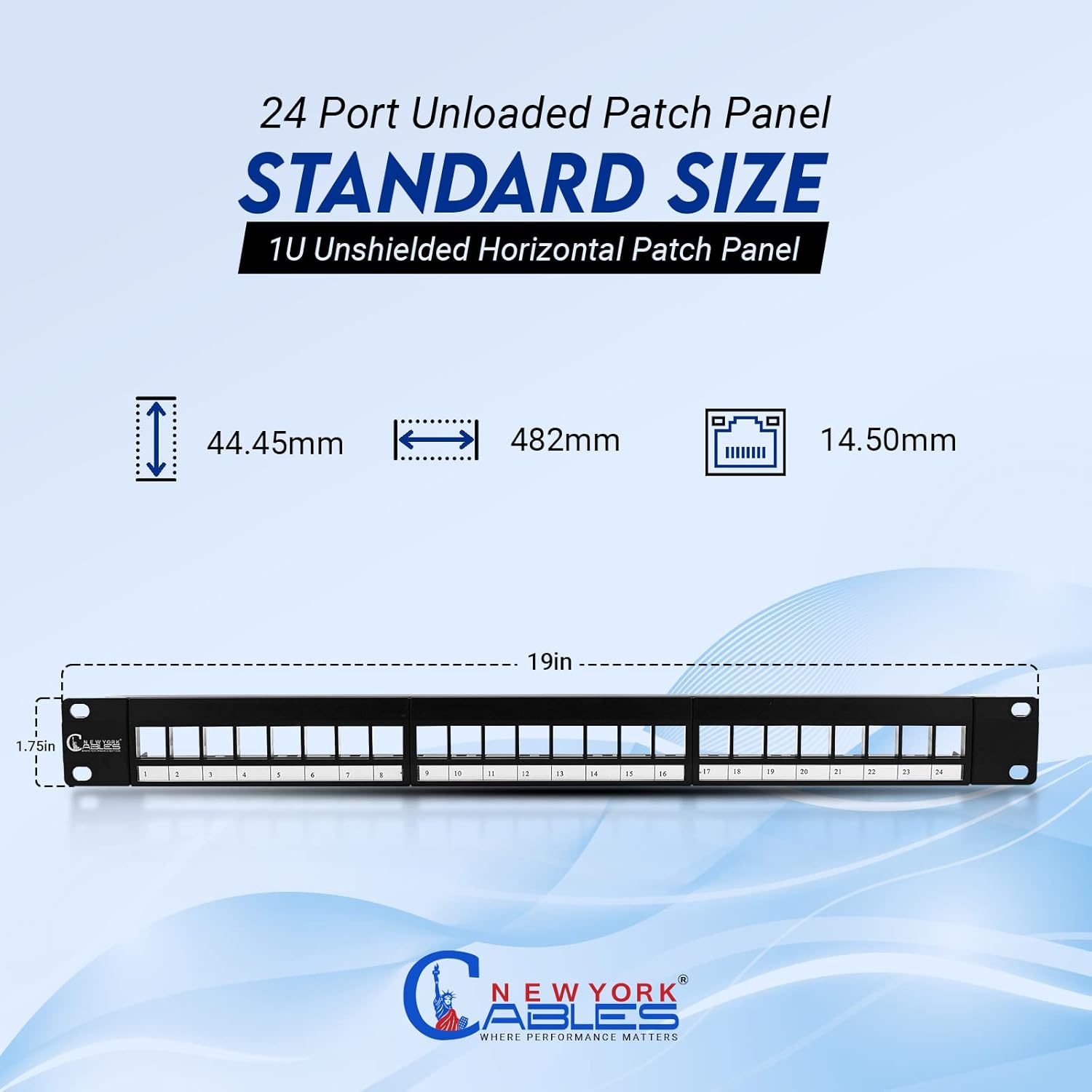 NewYork Cables® Blank Keystone 24 Port Cat6 Patch Panel - 10Gb Ethernet 1U Horizontal Rack Mount, Color-Coded T568A/B Labels, Network for Data Centers, Server Rooms, Unloaded, Unshielded.
