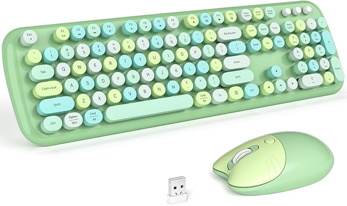 KNOWSQT Wireless Keyboard and Mouse Combo Pale Green - Colorful 104 Key 2.4G Round Keycap Typewriter Keyboards, USB Dongle Plug and Play, for Laptop, Windows, PC, Computer, Desktop