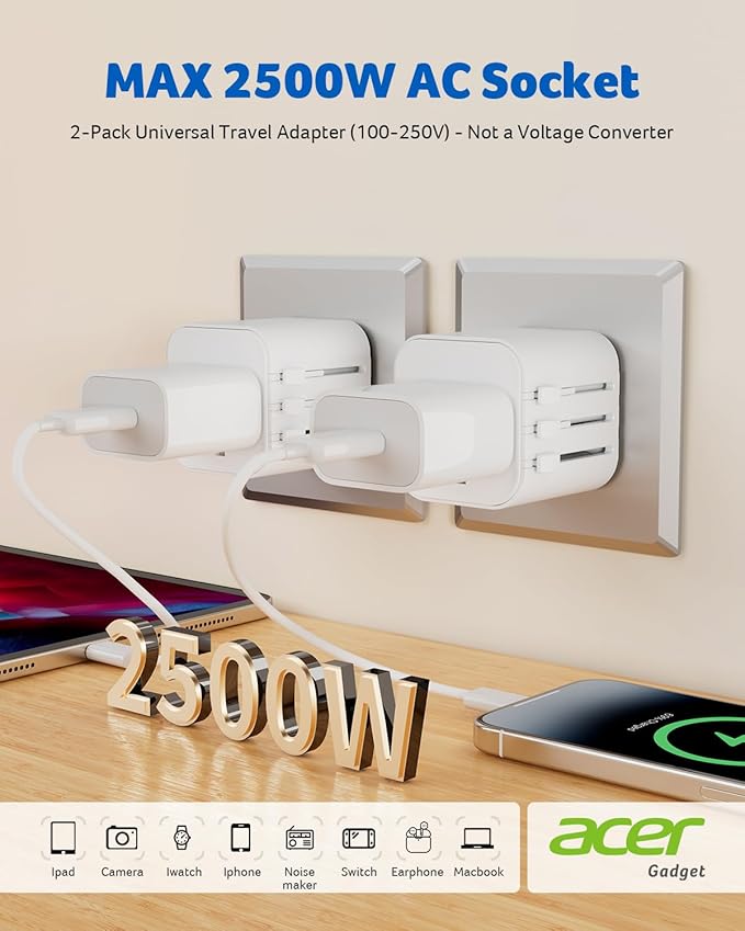 Acer US to Europe Plug Adapter, Universal Travel Adapter, International Power Adapter for USA to Europe UK France Germany Spain Ireland Australia (Type C/G/A/I),White
