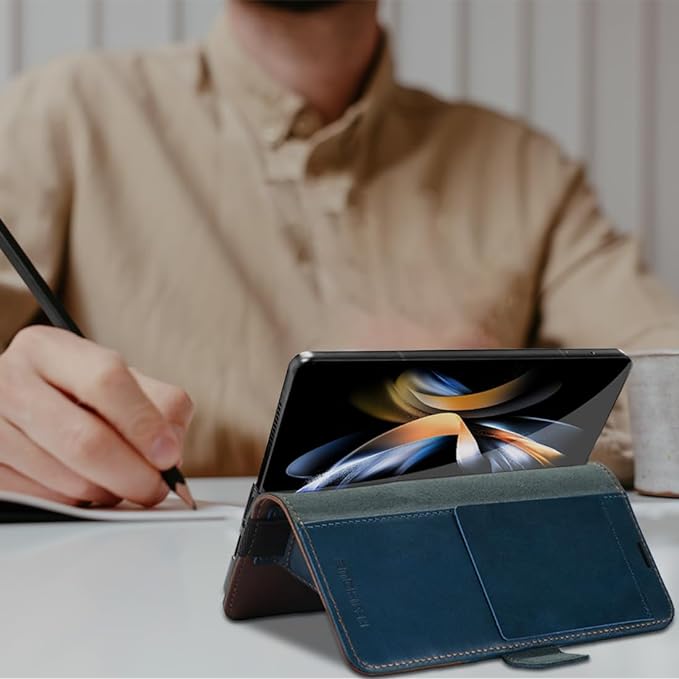 KEZiHOME for Samsung Galaxy Z Fold 6 Case, Genuine Leather Wallet Case [RFID Blocking] with Card Holder Stand Folio Protective Phone Cover Compatible with Galaxy Z Fold6 5G (Royal Blue/Brown)