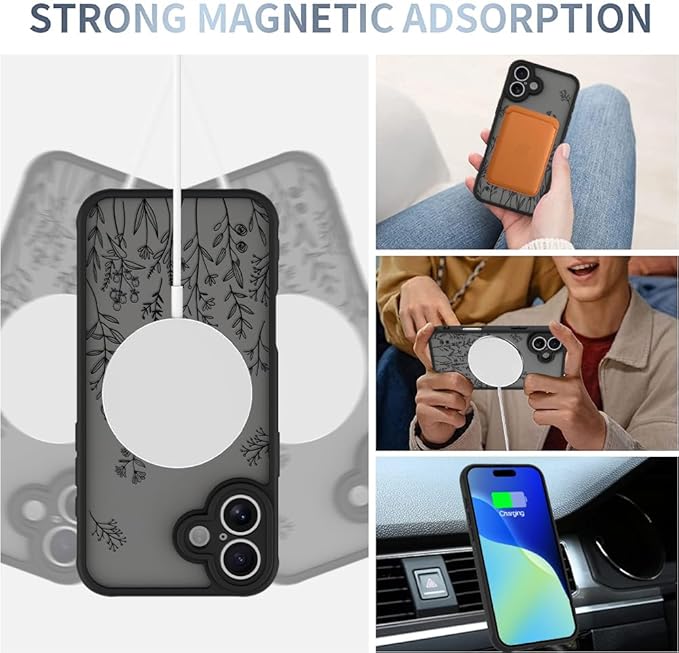 AIGOMARA Magnetic Case for iPhone 16 [Compatible with MagSafe] Cute Black Flower Floral for Women Girls Soft TPU Bumper Hard PC Back Anti-Fall Shockproof Protective Slim Cover