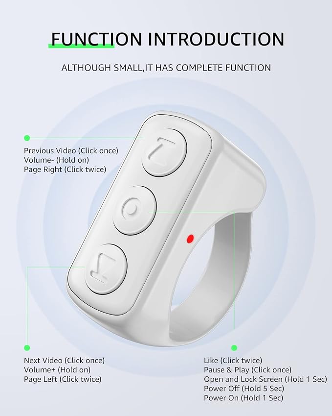 Fingertip Bluetooth Remote Control TIK TOK Wireless Page Turner TYUOBOX Camera Remote Shutter Selfie Button Controller with Charging Case for iPhone Android Ipad Cell Phone (White)