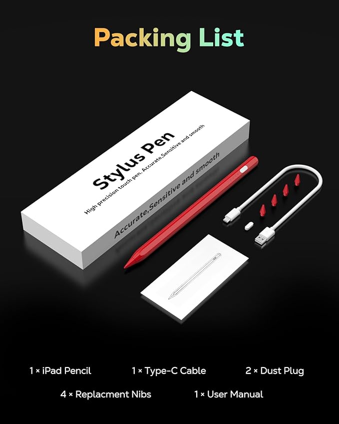 MoKo Pencil for iPad (A16) 11th 10th Gen, Stylus Pen for 2018-2025 Apple iPad 11/10/9/8/7/6/A16, Mini 7/6/5, Air M3/M2 11"/13"/5/4/3, Pro M4 13"/12.9"/11" Tilt Sensitivity, USB-C Fast Charging, Red