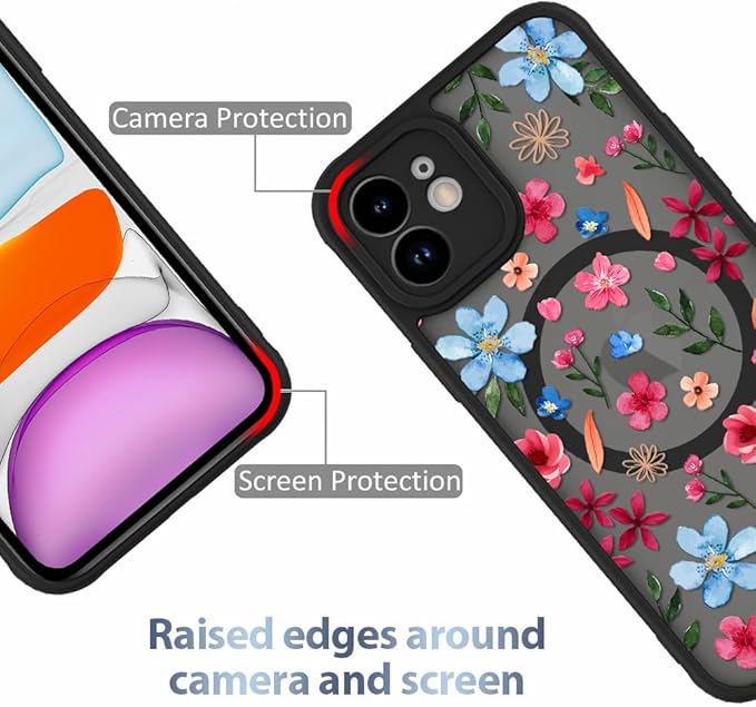 AIGOMARA Magnetic Case for iPhone 11 [Compatible with MagSafe] Cute Pink Blue Flower Floral Pattern Soft TPU Bumper Hard PC Back Anti-Fall Shockproof Protective Slim Cover for Women Girls