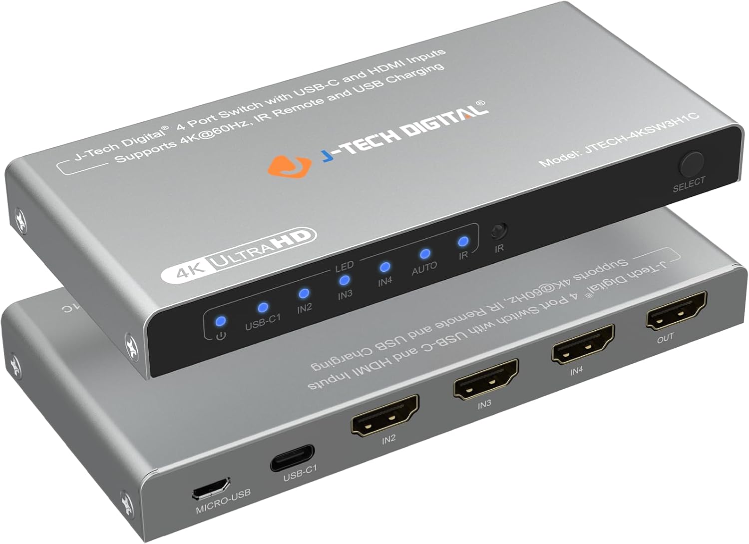 J-Tech Digital 4K 60Hz 4x1 HDMI & USB-C Switch | 3 HDMI + 1 USB-C Input, 1 HDMI Output | Compatible w/HDR & Dolby Vision | IR Remote, Auto Switch, CEC, Digital Audio [JTECH-4KSW3H1C]