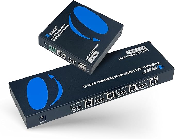 OREI 4x1 KVM 4K HDMI Over Ethernet Extender Switcher Balun Over CAT6/7 Cable 4K@60Hz Upto 230 Feet - 2 USB 1.1 Ports, Supports Keyboard and Mouse USB
