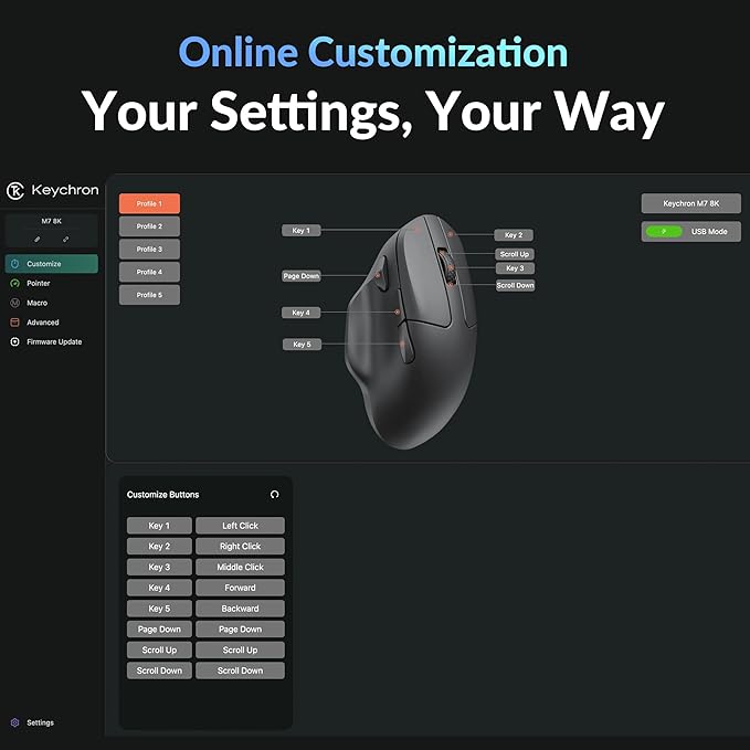 Keychron M7 8K Wireless Mouse, 30K DPI Optical Computer Mice, 2.4 GHz/Bluetooth/Wired with Macro Button 66g Lightweight Ergonomic, Up to 140 Hours Worktime for Laptop macOS/Windows - Black