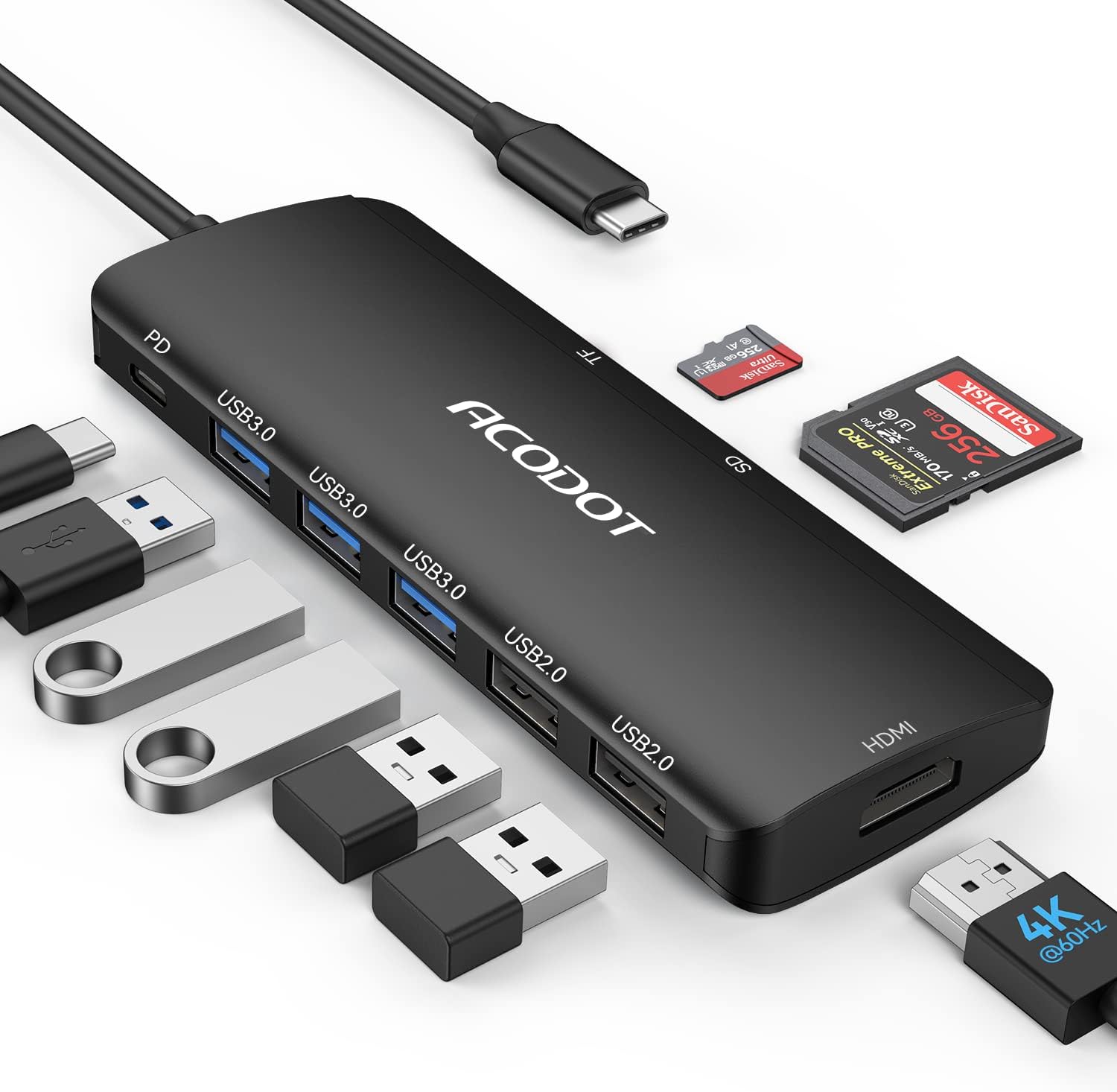 Acodot 9 in 1 USB C to 4K@60HZ HDMI Multiport Adapter, 3 USB 3.0 Ports, SD/TF Card Reader, 100W PD, Designed for MacBook Pro Air HP XPS etc, Black
