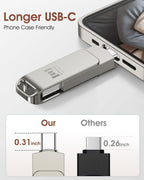MOSDART 256GB USB3.1 Fast Speed C and A Dual Flash Drive, exFAT Memory Stick with Keychain Loop, for iPhone 15 and 16, Android Phone, iPad, MacBook, Silver