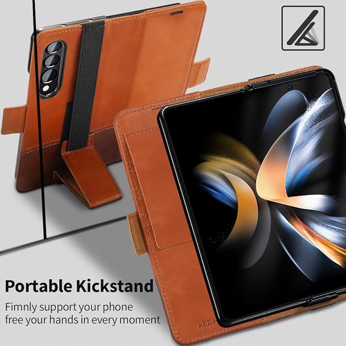 KEZiHOME Genuine Leather Wallet Case for Galaxy Z Fold 4 5G with Card Holder & Kickstand - RFID Blocking - Khaki/Brown