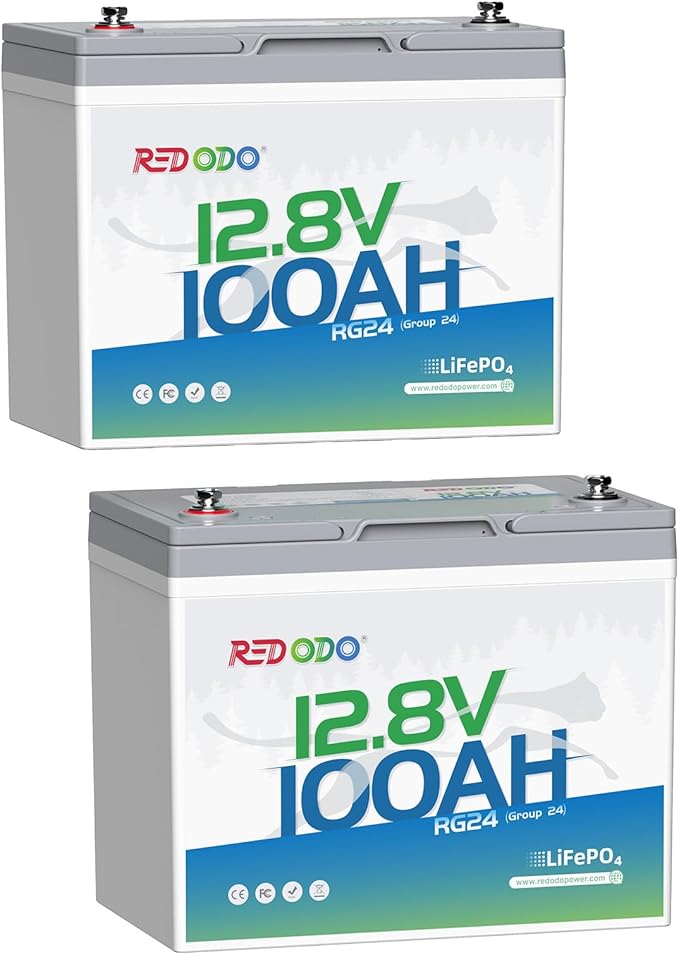Redodo 12V 100Ah LiFePO4 Battery Group24, 25% Smaller Size, 1280Wh Energy with 100A BMS, 15000+ Cycles, Lightweight Lithium Deep Cycle Battery for RV, Camping, Trolling Motor, Home Storage 2 Pack