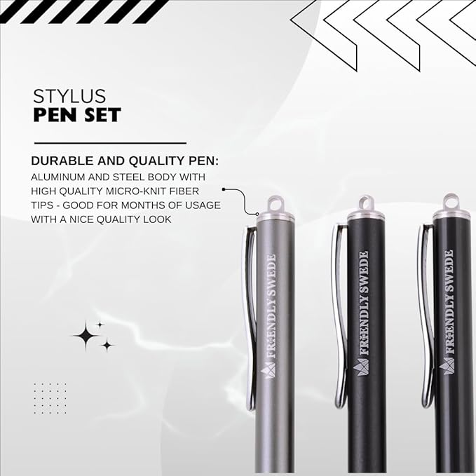 The Friendly Swede Mesh Tip Stylus Pen for Touchscreen — 3-Pack Micro-Knit Capacitive Stylus Pen for iPad & iPhone with 3 Replaceable Fiber Tips, Elastic Lanyards & Screen Cleaning Cloth